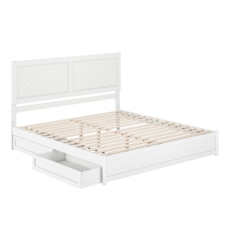 Clayton King Wood Platform Bed with Panel Footboard and Storage Drawers in White
