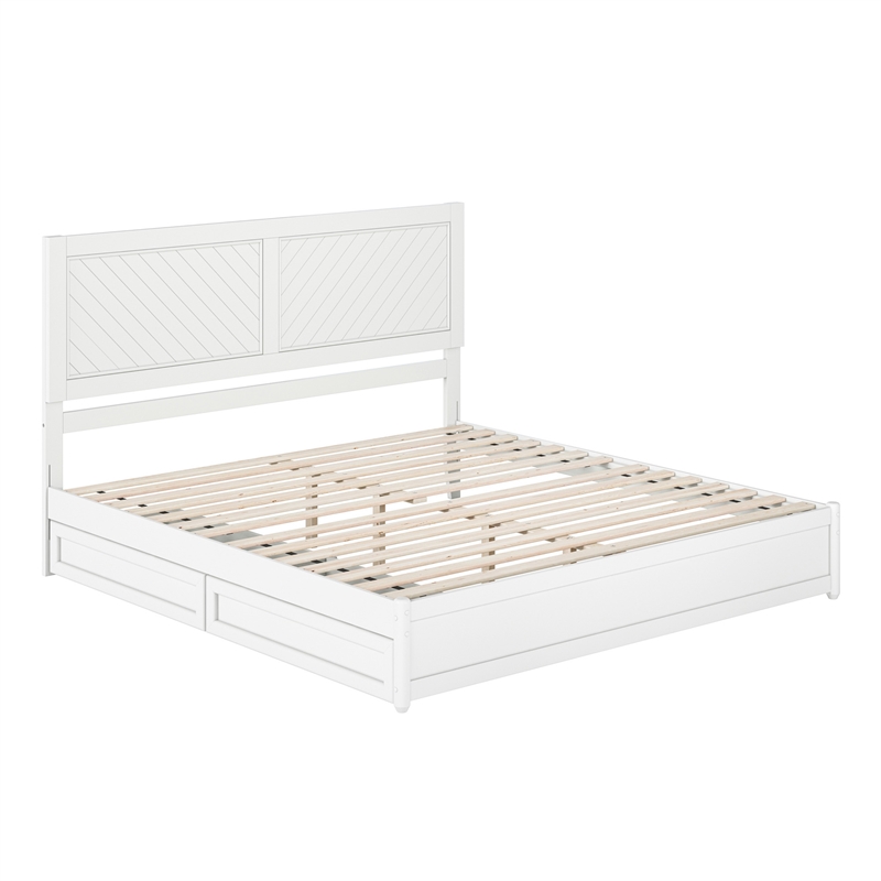 Clayton King Wood Platform Bed with Panel Footboard and Storage Drawers in White