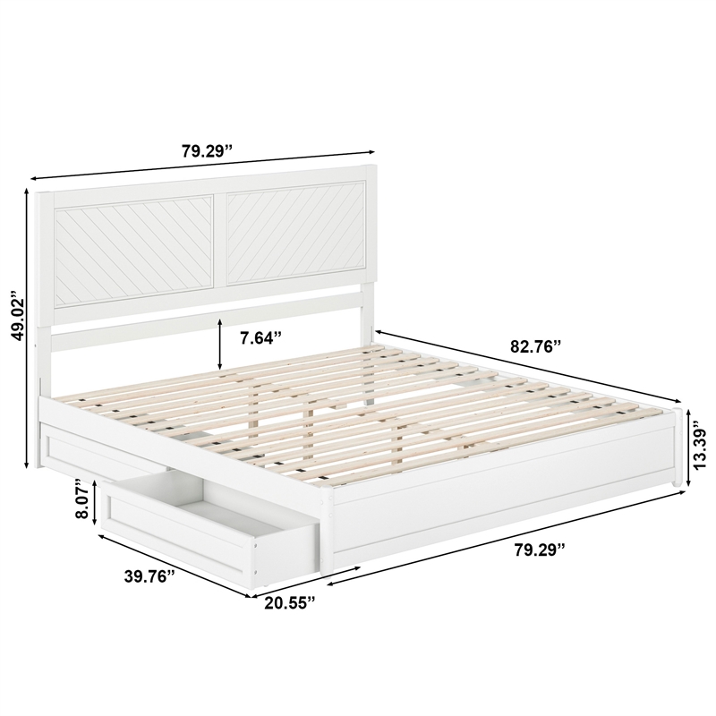 Clayton King Wood Platform Bed with Panel Footboard and Storage Drawers in White