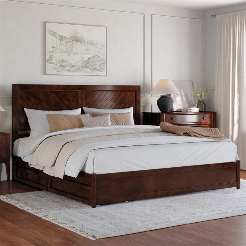 Clayton King Wood Platform Bed with Panel Footboard & Storage Drawers in Walnut