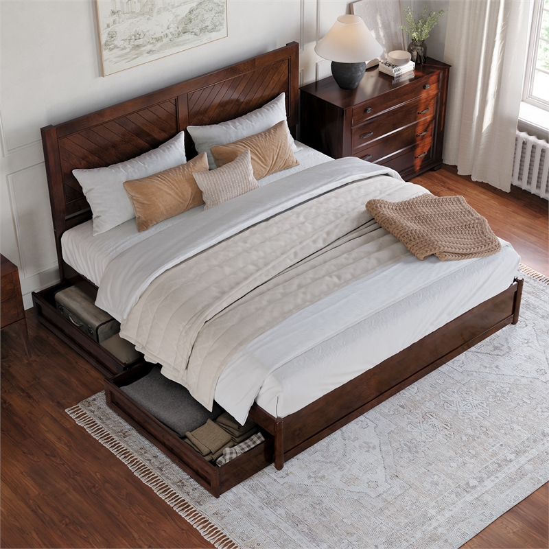 Clayton King Wood Platform Bed with Panel Footboard & Storage Drawers in Walnut
