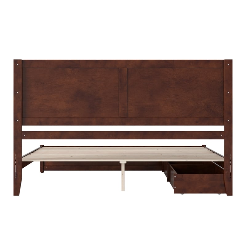 Clayton King Wood Platform Bed with Panel Footboard & Storage Drawers in Walnut