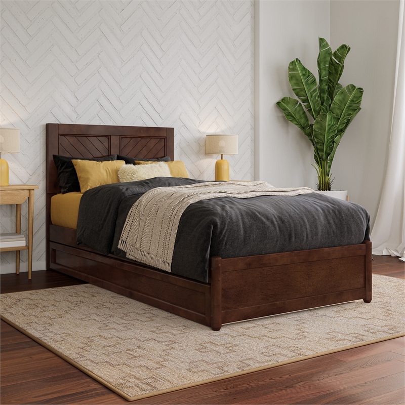 Clayton Twin XL Wood Platform Bed with Panel Footboard & TXL Trundle in Walnut