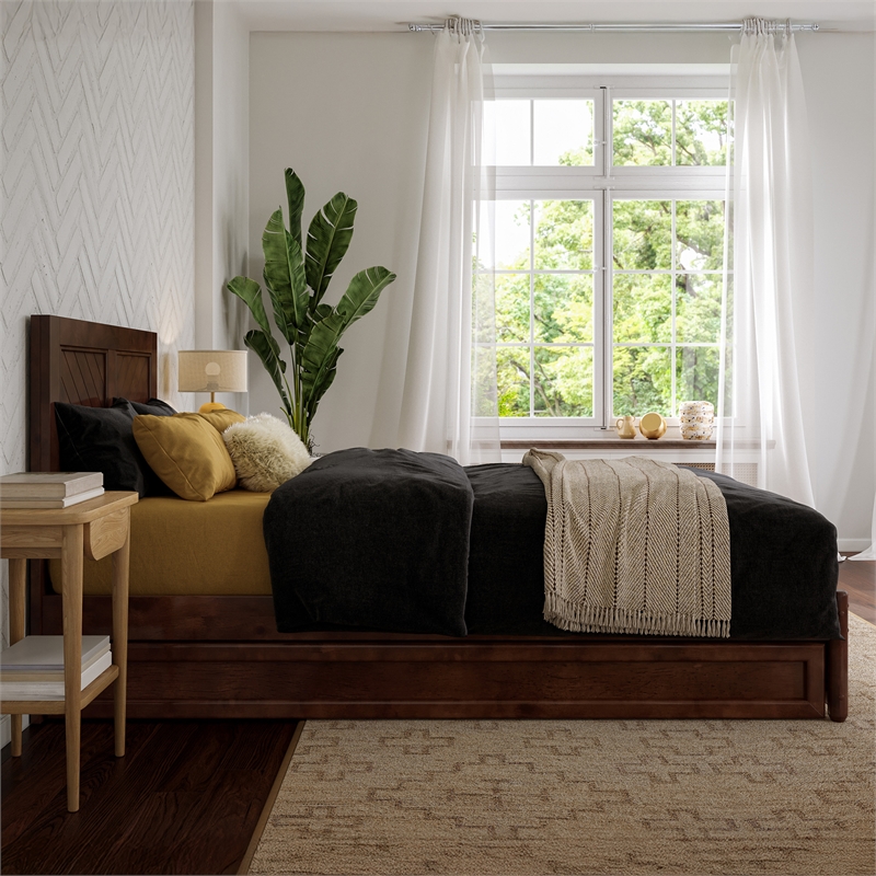 Clayton Twin XL Wood Platform Bed with Panel Footboard & TXL Trundle in Walnut