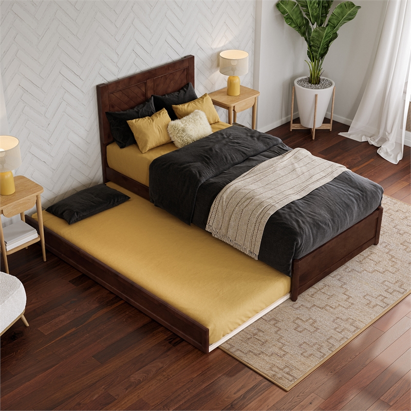 Clayton Twin XL Wood Platform Bed with Panel Footboard & TXL Trundle in Walnut