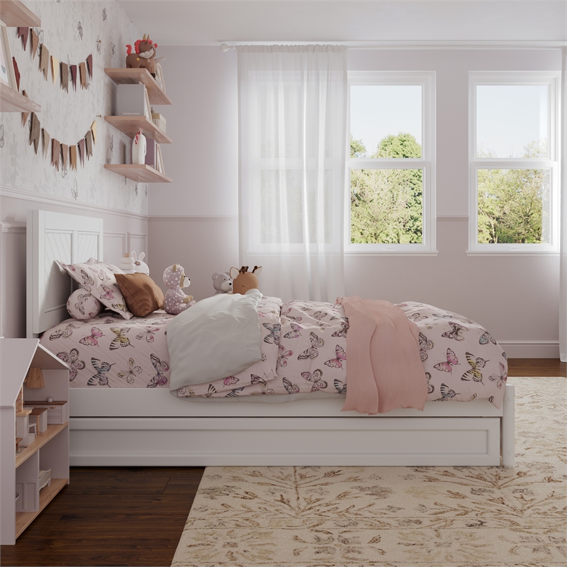 Clayton Twin Wood Platform Bed with Panel Footboard and Twin Trundle in White