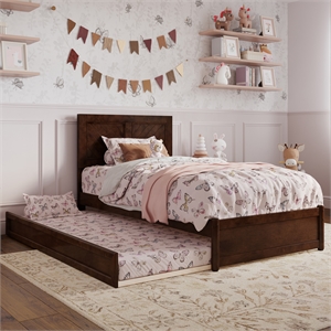 Clayton Twin Wood Platform Bed with Panel Footboard and Twin Trundle in Walnut