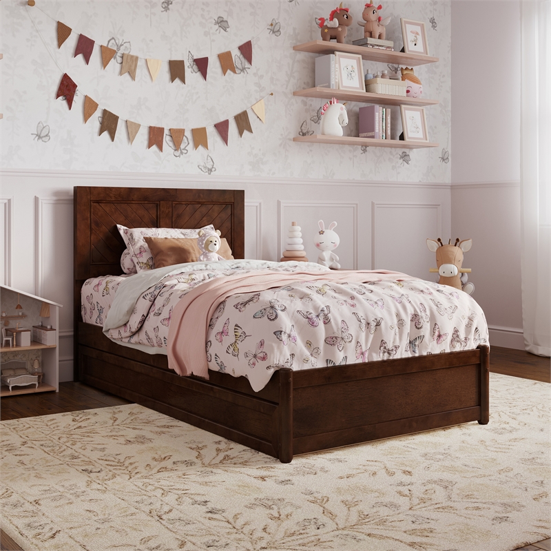 Clayton Twin Wood Platform Bed with Panel Footboard and Twin Trundle in Walnut