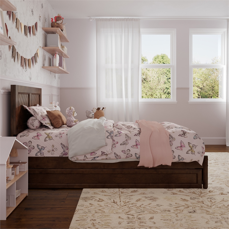 Clayton Twin Wood Platform Bed with Panel Footboard and Twin Trundle in Walnut