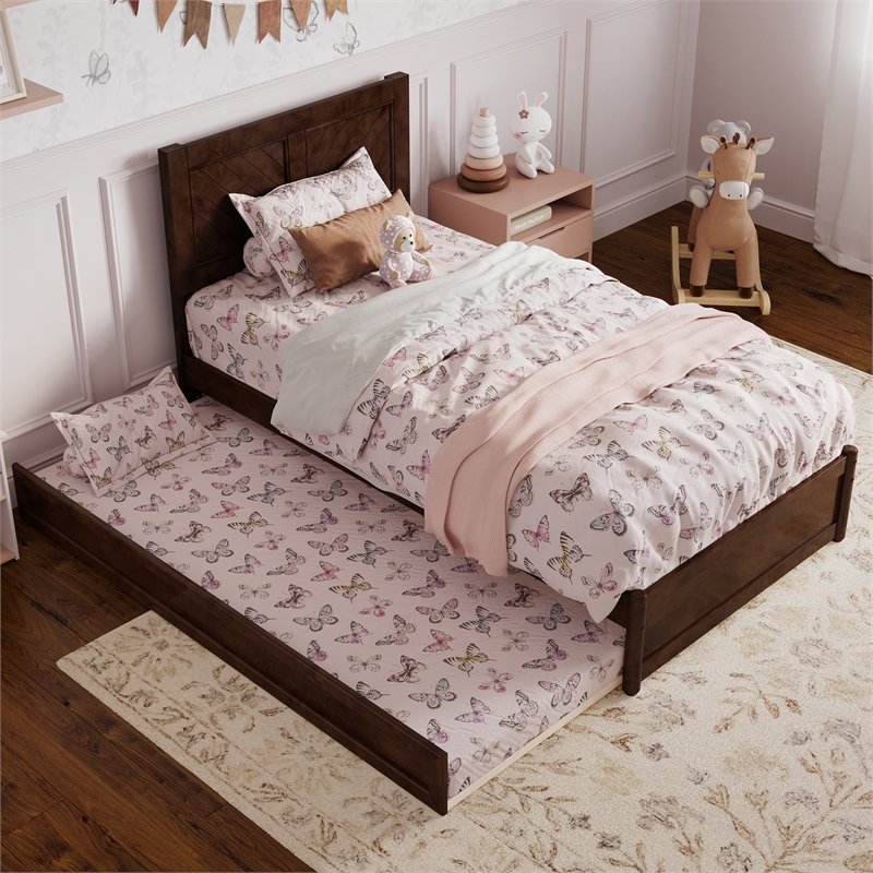 Clayton Twin Wood Platform Bed with Panel Footboard and Twin Trundle in Walnut