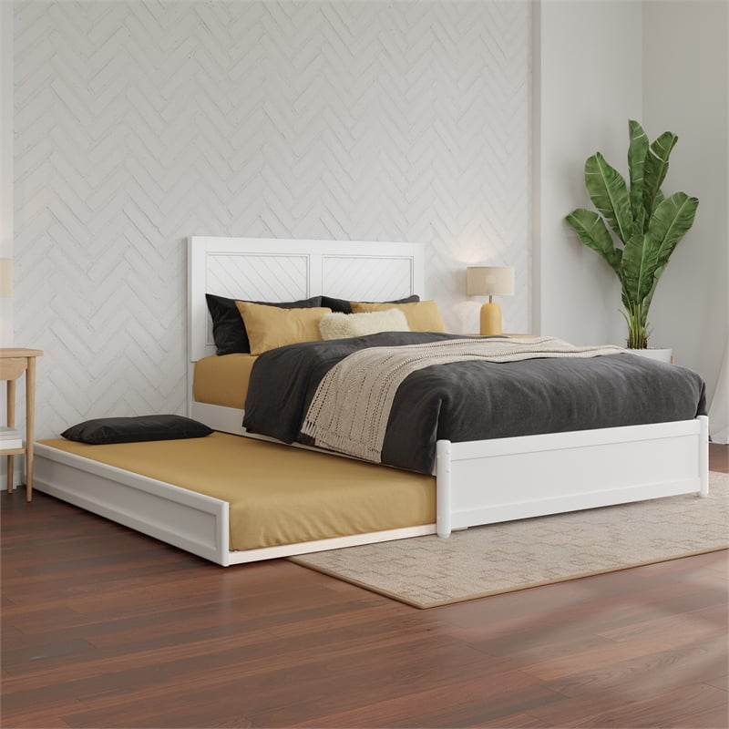 Clayton Full Wood Platform Bed with Panel Footboard and Twin Trundle in White