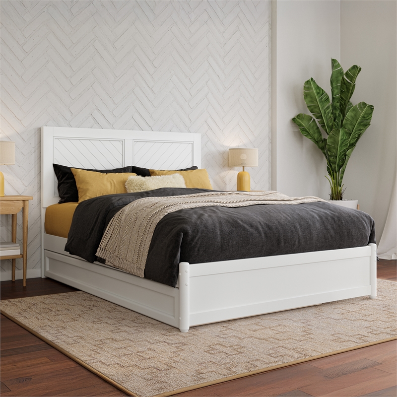 Clayton Full Wood Platform Bed with Panel Footboard and Twin Trundle in White