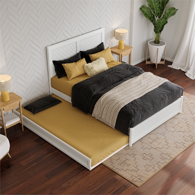 Clayton Full Wood Platform Bed with Panel Footboard and Twin Trundle in White