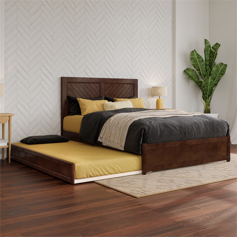 Clayton Full Wood Platform Bed with Panel Footboard and Twin Trundle in Walnut