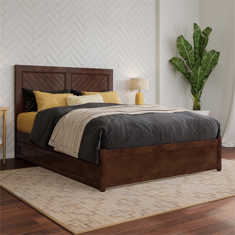 Clayton Full Wood Platform Bed with Panel Footboard and Twin Trundle in Walnut