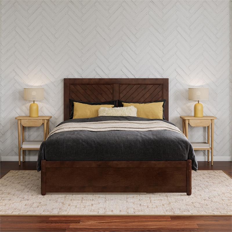 Clayton Full Wood Platform Bed with Panel Footboard and Twin Trundle in Walnut