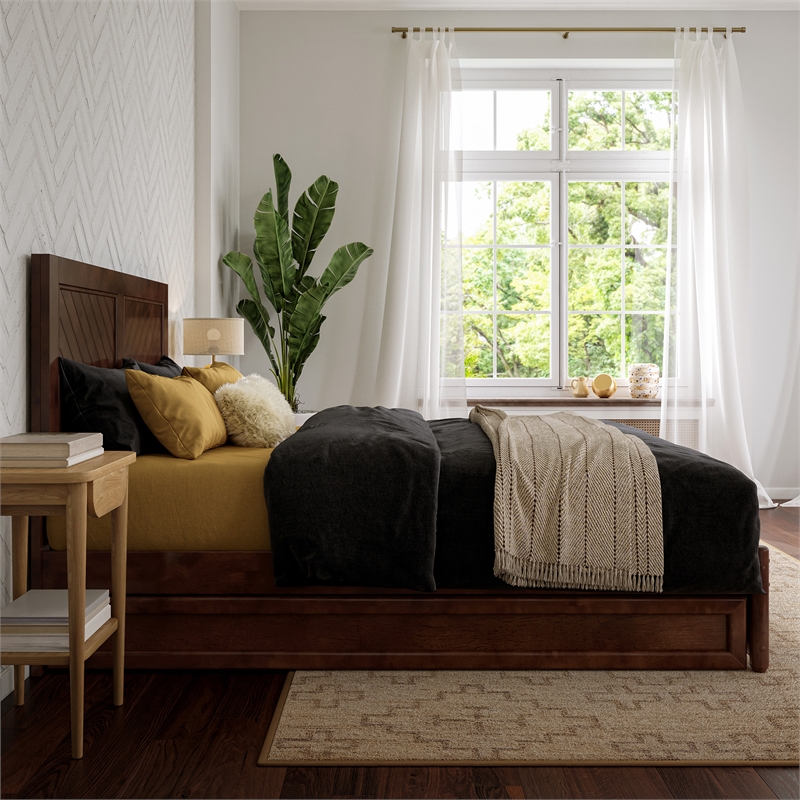 Clayton Full Wood Platform Bed with Panel Footboard and Twin Trundle in Walnut