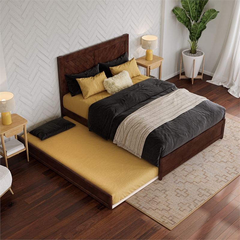 Clayton Full Wood Platform Bed with Panel Footboard and Twin Trundle in Walnut