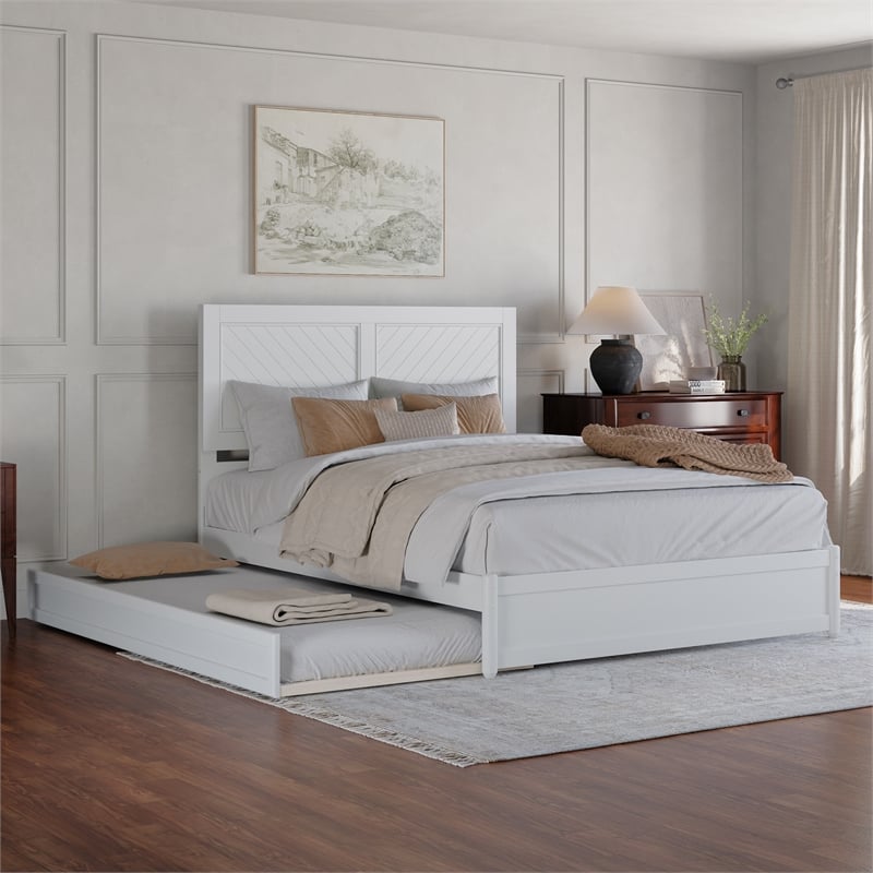 Clayton Queen Wood Platform Bed with Panel Footboard & Twin XL Trundle in White