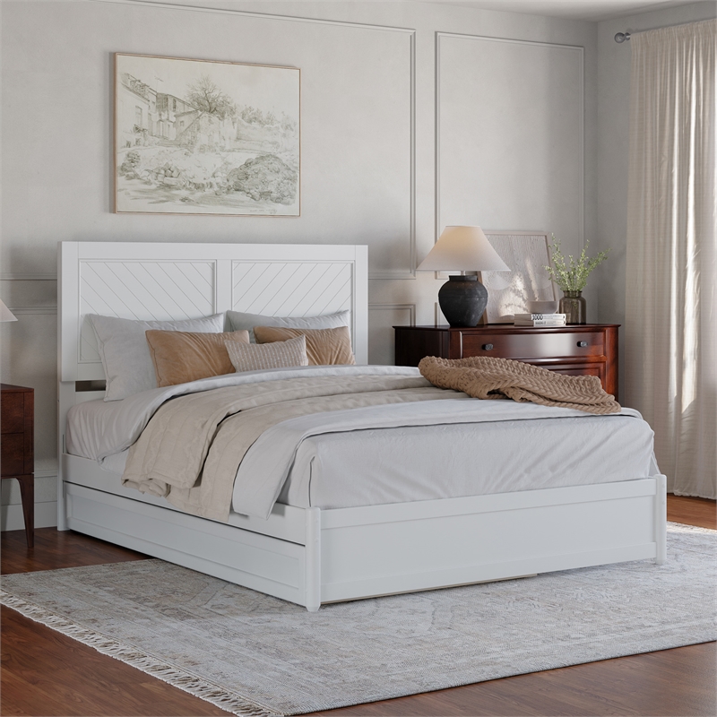 Clayton Queen Wood Platform Bed with Panel Footboard & Twin XL Trundle in White