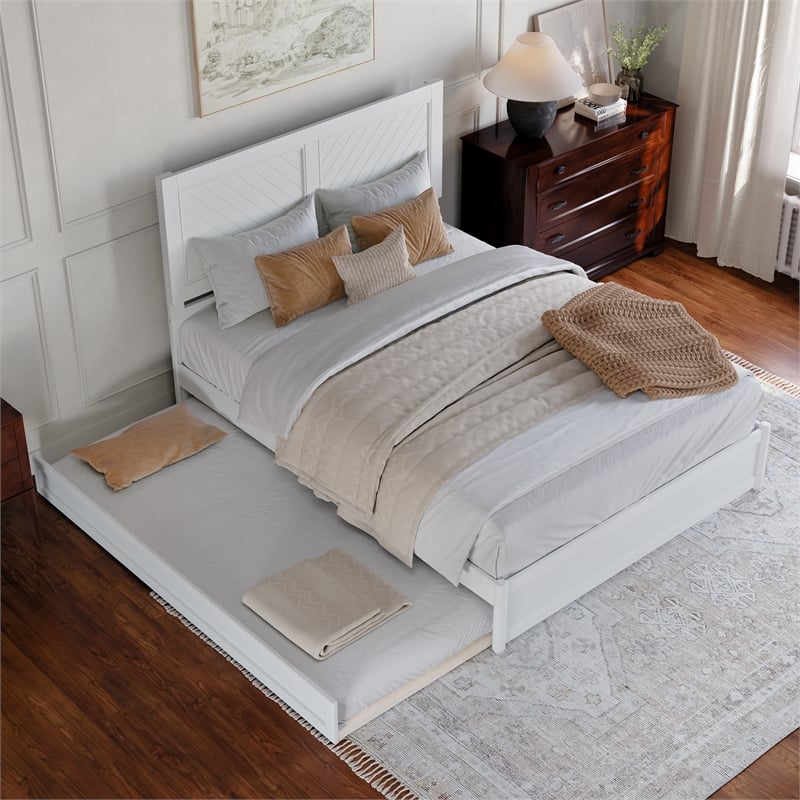 Clayton Queen Wood Platform Bed with Panel Footboard & Twin XL Trundle in White