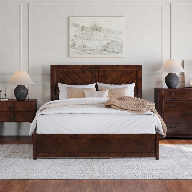 Clayton Queen Wood Platform Bed with Panel Footboard & Twin XL Trundle in Walnut