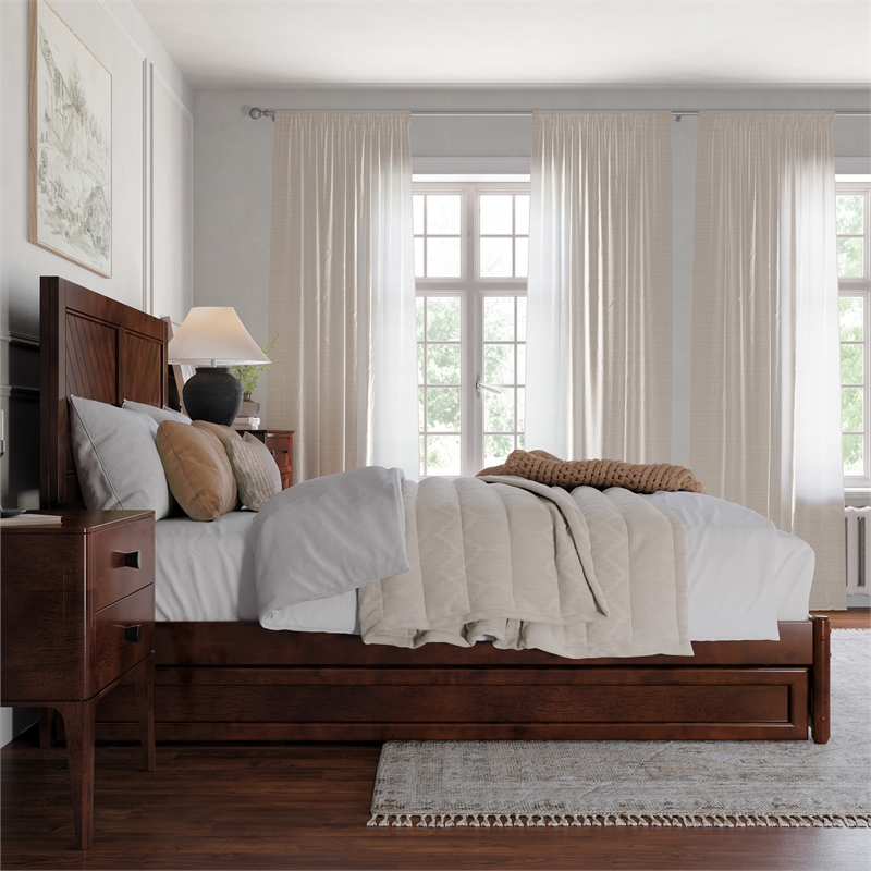 Clayton Queen Wood Platform Bed with Panel Footboard & Twin XL Trundle in Walnut