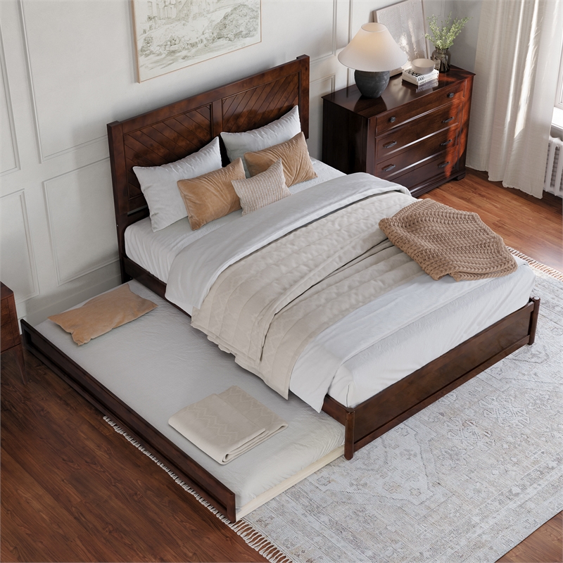 Clayton Queen Wood Platform Bed with Panel Footboard & Twin XL Trundle in Walnut