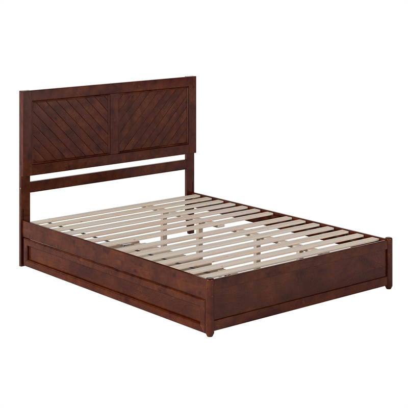 Clayton Queen Wood Platform Bed with Panel Footboard & Twin XL Trundle in Walnut