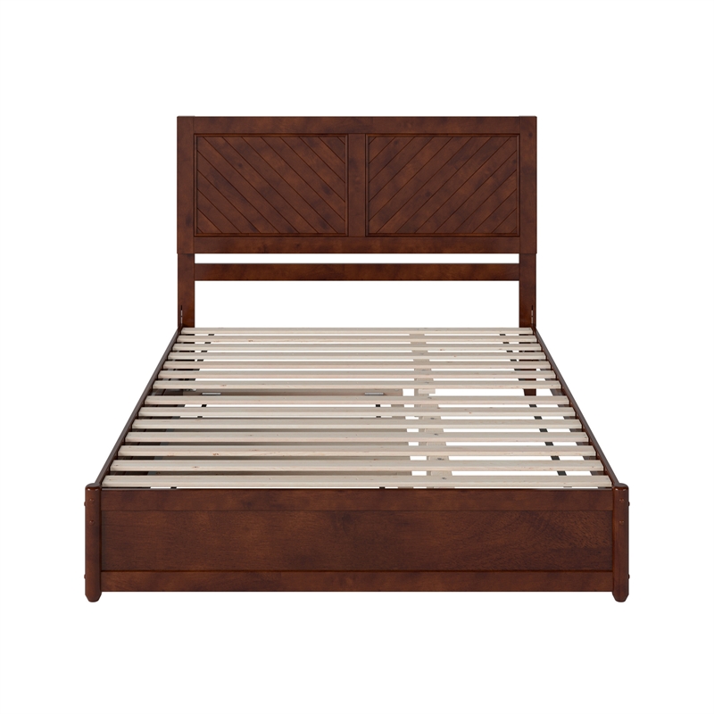 Clayton Queen Wood Platform Bed with Panel Footboard & Twin XL Trundle in Walnut