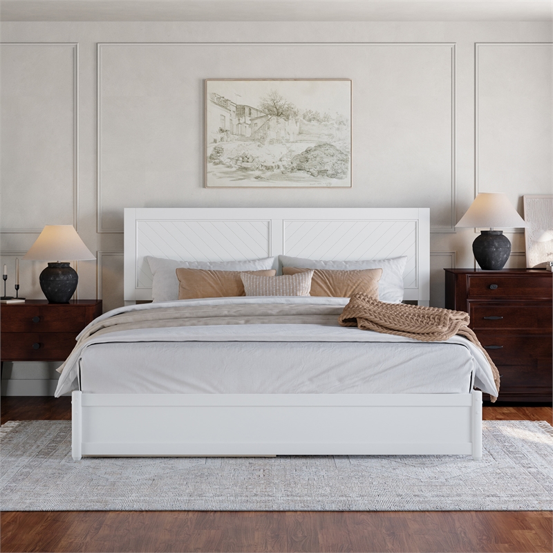 Clayton King Wood Platform Bed with Panel Footboard and Twin XL Trundle in White