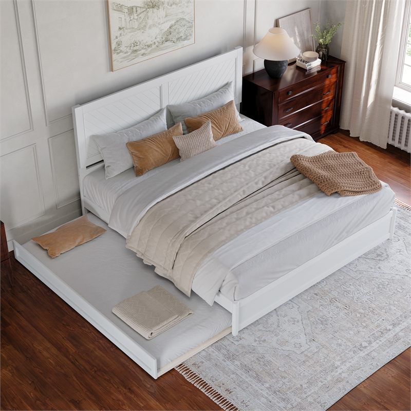 Clayton King Wood Platform Bed with Panel Footboard and Twin XL Trundle in White