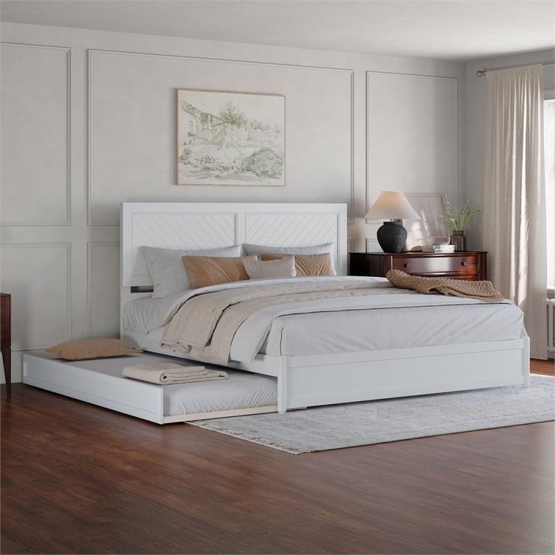Clayton King Wood Platform Bed with Panel Footboard and Twin XL Trundle in White