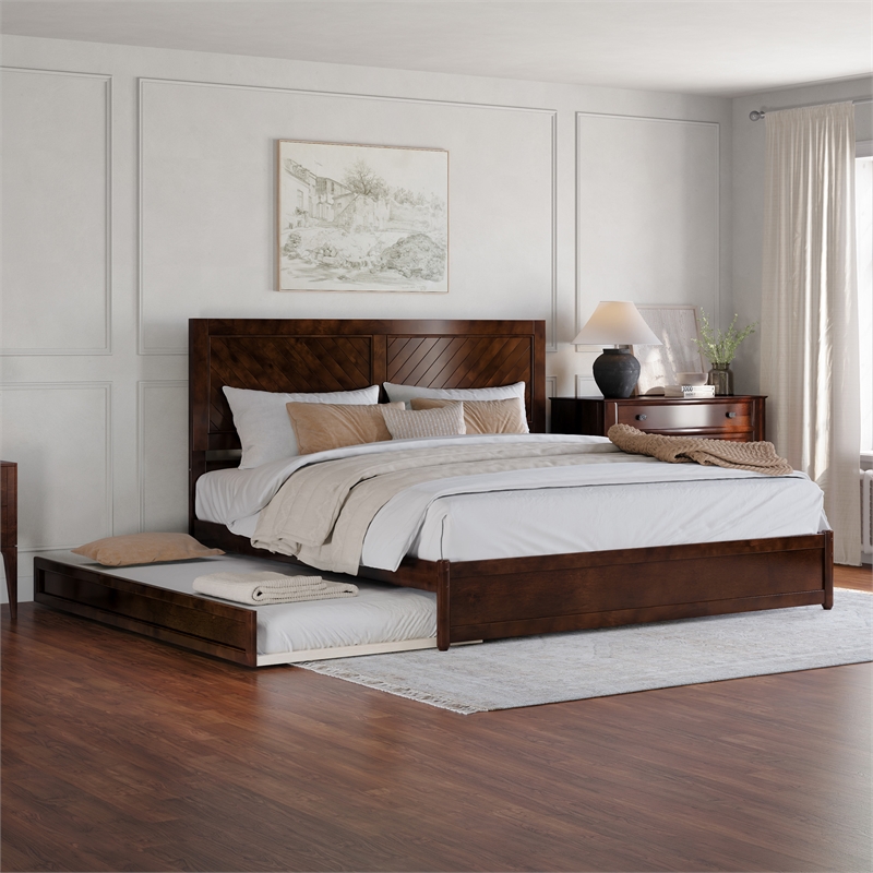 Clayton King Wood Platform Bed with Panel Footboard & Twin XL Trundle in Walnut