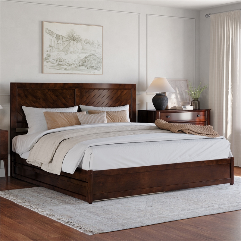 Clayton King Wood Platform Bed with Panel Footboard & Twin XL Trundle in Walnut