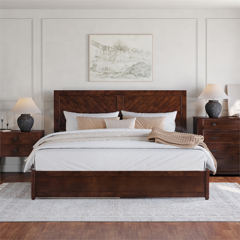 Clayton King Wood Platform Bed with Panel Footboard & Twin XL Trundle in Walnut