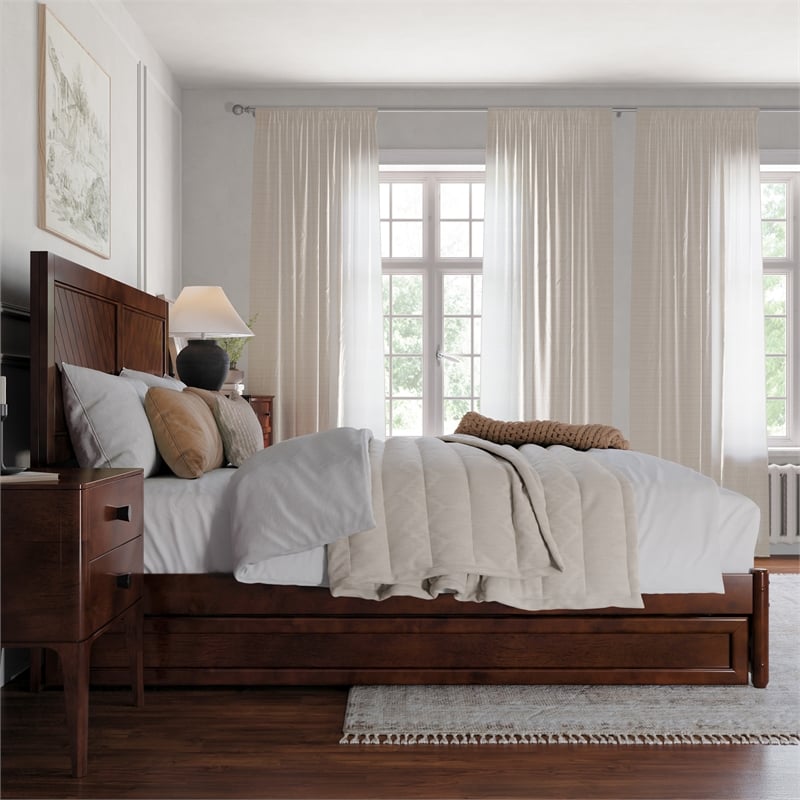 Clayton King Wood Platform Bed with Panel Footboard & Twin XL Trundle in Walnut