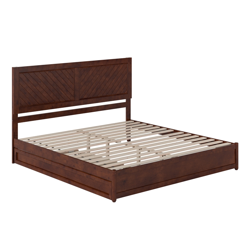 Clayton King Wood Platform Bed with Panel Footboard & Twin XL Trundle in Walnut