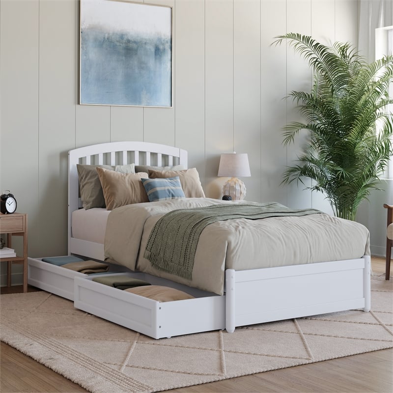 Lucia Twin XL Platform Bed with Panel Footboard & 2 Storage Drawers in White