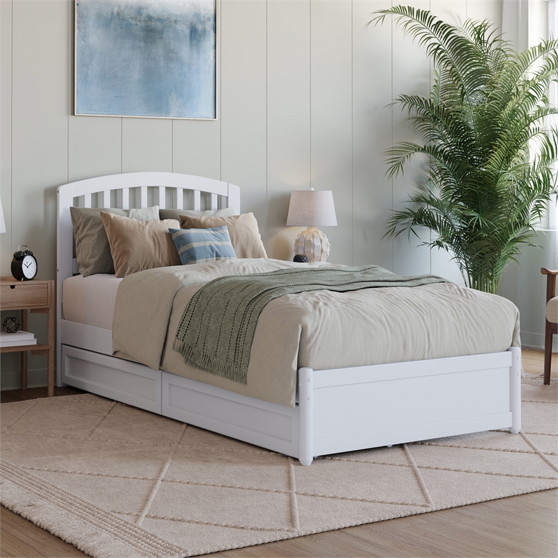 Lucia Twin XL Platform Bed with Panel Footboard & 2 Storage Drawers in White