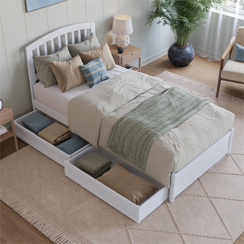 Lucia Twin XL Platform Bed with Panel Footboard & 2 Storage Drawers in White