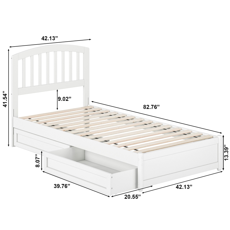 Lucia Twin XL Platform Bed with Panel Footboard & 2 Storage Drawers in White