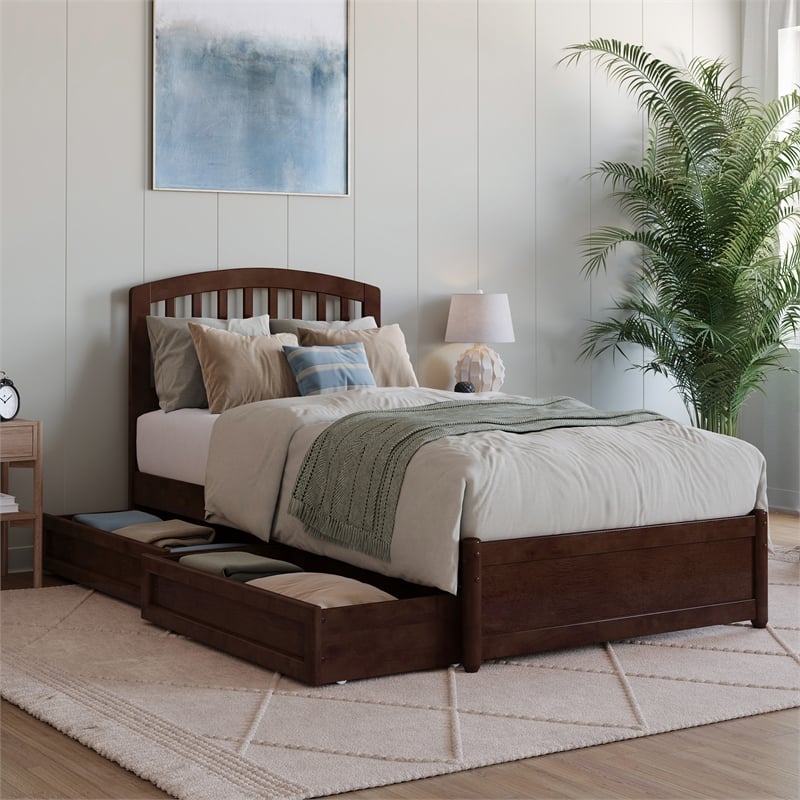 Lucia Twin XL Platform Bed with Panel Footboard & 2 Storage Drawers in Walnut