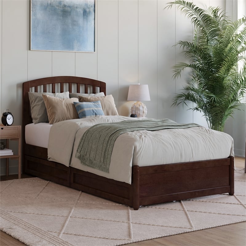 Lucia Twin XL Platform Bed with Panel Footboard & 2 Storage Drawers in Walnut