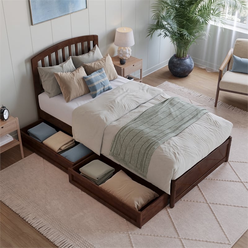 Lucia Twin XL Platform Bed with Panel Footboard & 2 Storage Drawers in Walnut