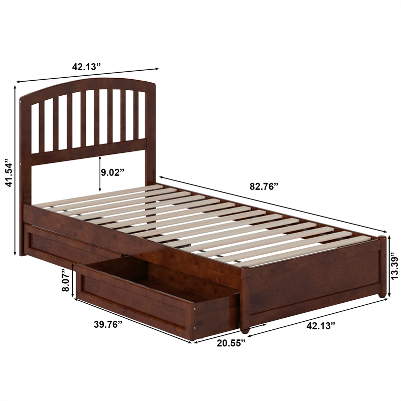 Lucia Twin XL Platform Bed with Panel Footboard & 2 Storage Drawers in Walnut