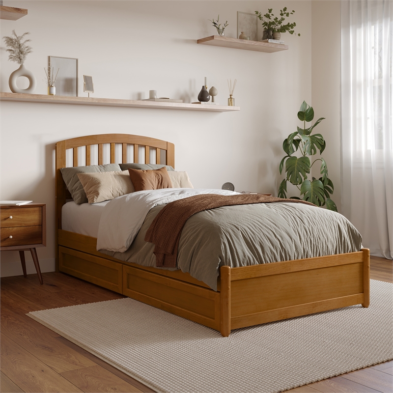 Lucia Twin XL Platform Bed w Panel Footboard & 2 Storage Drawers in Light Toffee