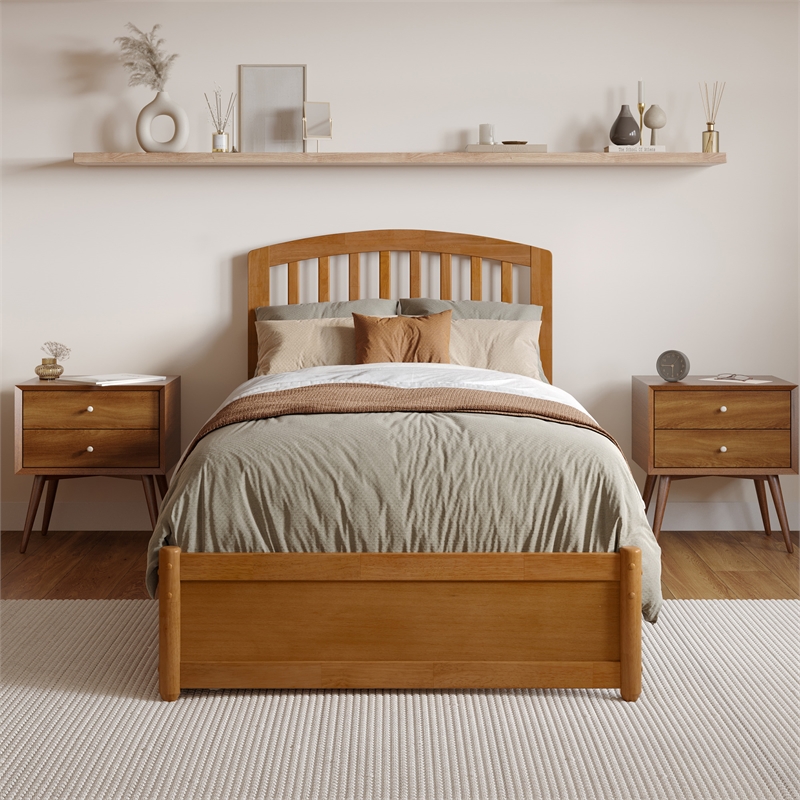 Lucia Twin XL Platform Bed w Panel Footboard & 2 Storage Drawers in Light Toffee