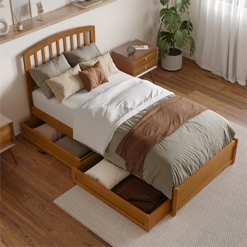 Lucia Twin XL Platform Bed w Panel Footboard & 2 Storage Drawers in Light Toffee