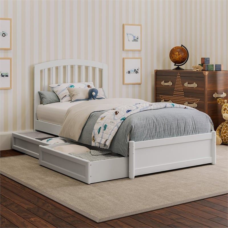 Lucia Twin Platform Bed with Panel Footboard & 2 Storage Drawers in White